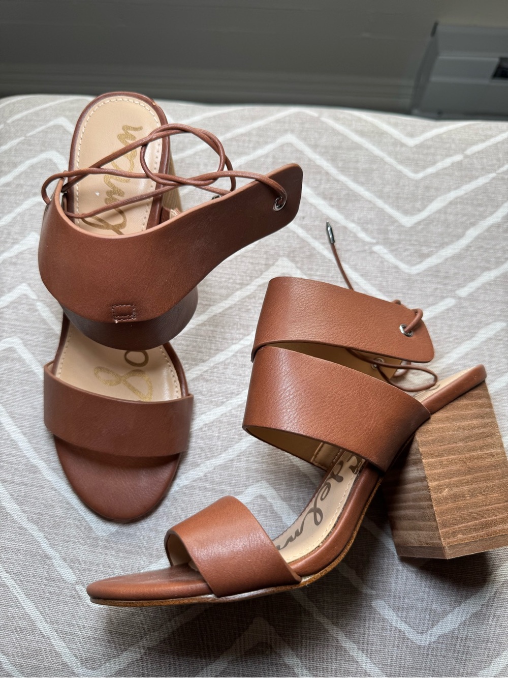 Sam Edelman Brown Leather Block Heel Sandals with Lace-Up Detail
